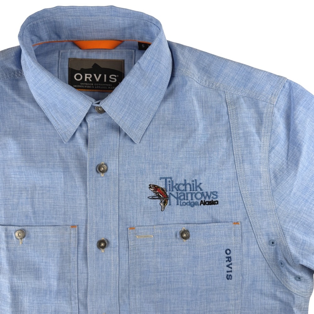 Orvis Mens Active Fit Fishing Shirt Blue Tikchik Narrows Lodge Alaska Small S